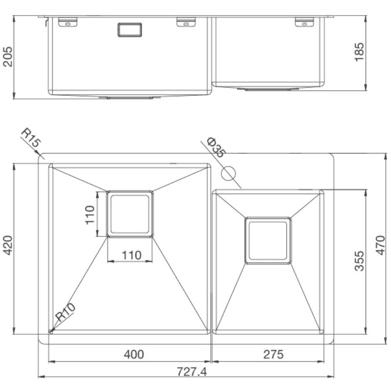 Kích thước chậu rửa chén bát Malloca MS 620T Kích thước chậu rửa chén bát Malloca MS 620T