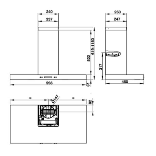 Kích thước máy hút khử mùi gắn tường thẳng Hafele HH WI60B 539.81.173