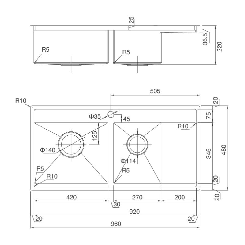 Kích thước chậu rửa bát Malloca MS 6305 Kích thước chậu rửa bát Malloca MS 6305