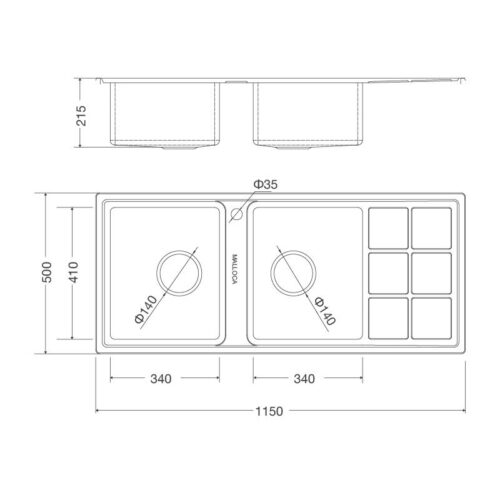 Kích thước chậu rửa bát Malloca MS 8815R Cánh Phải
