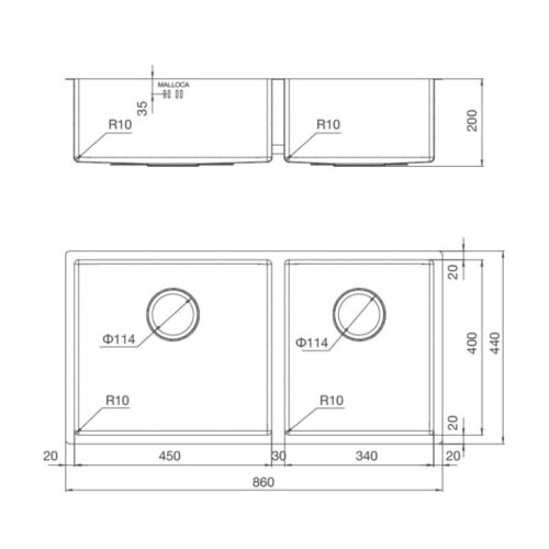Kích thước chậu rửa chén bát thủ công Malloca MS 6065