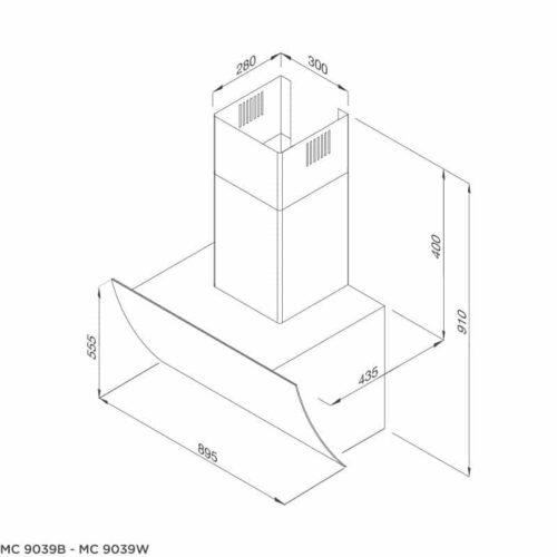 Kích thước máy hút khử mùi áp tường MALLOCA MC 9039W