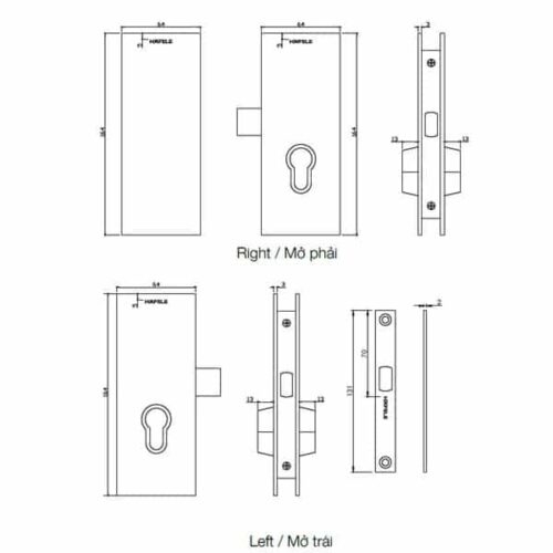 Kích thước của Bas hộp cho cửa mở xoay mở phải Hafele 981.59.030