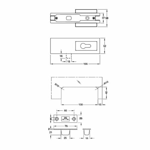 Kích thước của Khóa kẹp chân kính Inox bóng Hafele 981.00.66