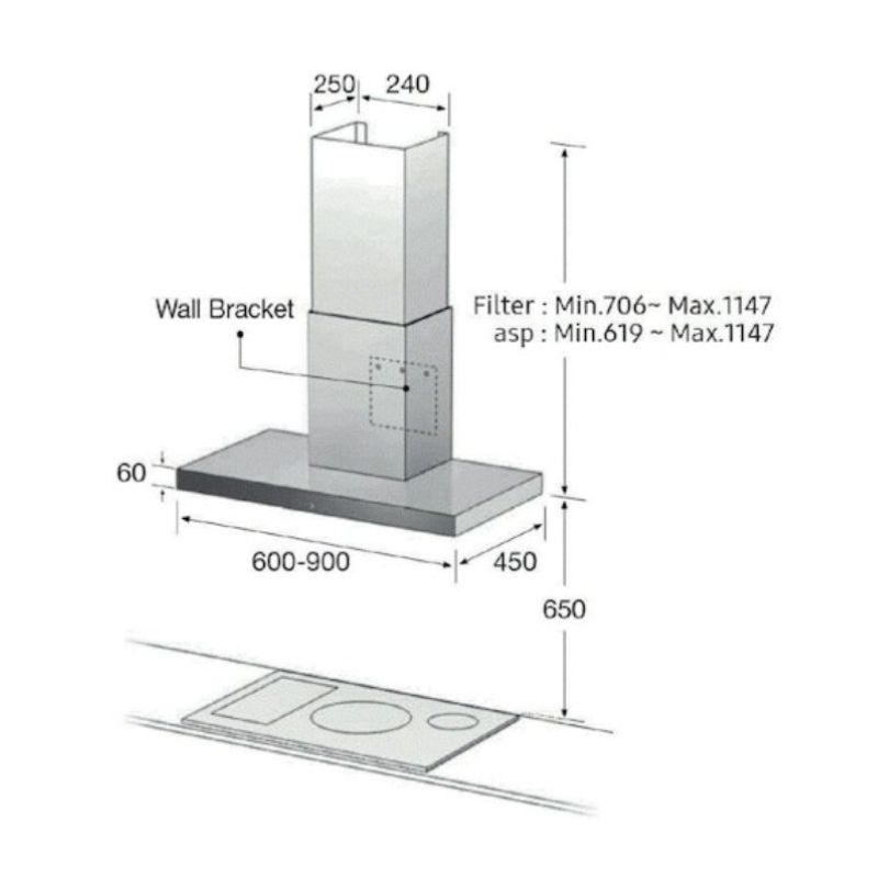 Kích thước máy hút mùi áp tường Samsung NK24C5070US/UR Kích thước máy hút mùi áp tường Samsung NK24C5070US/UR