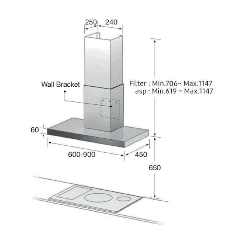 Kích thước máy hút mùi áp tường Samsung NK24M5070BS/UR Kích thước máy hút mùi áp tường Samsung NK24M5070BS/UR