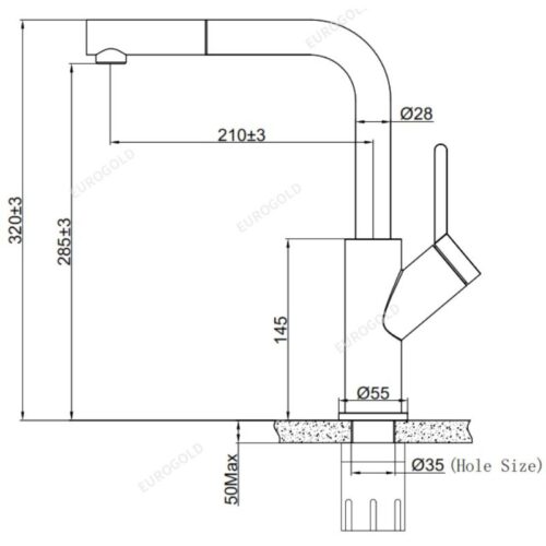 Kích thước vòi rửa bát nóng lạnh Eurogold EUF120DR có dây rút