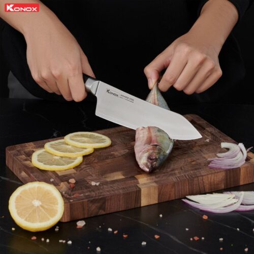 Ảnh dao thép Nhật Konox Damascus Eiko Series 7″ Deba Knife