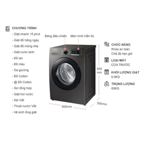 kich thuoc may giat samsung inverter 9 5 kg ww95ta046ax sv cua truoc