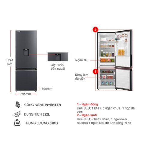 kich thuoc tu lanh 2 canh inverter 322 lit toshiba gr rb405we pmv06 mg