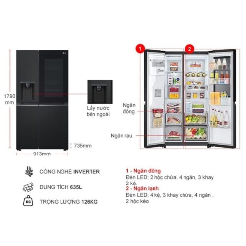kich thuoc tu lanh 2 canh side by side inverter 635 lit lg gr g257bl