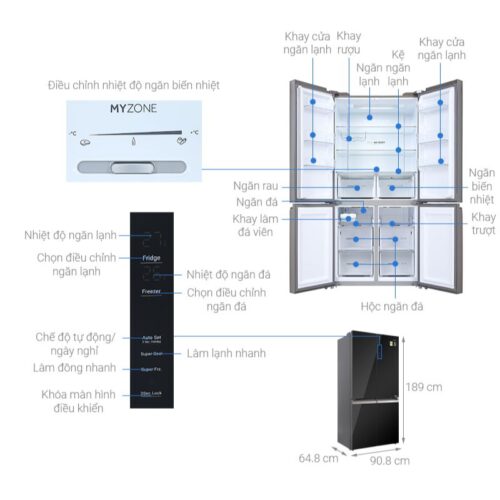 kich thuoc tu lanh 4 canh multi doors inverter 549 lit aqua aqr ig636fm gb